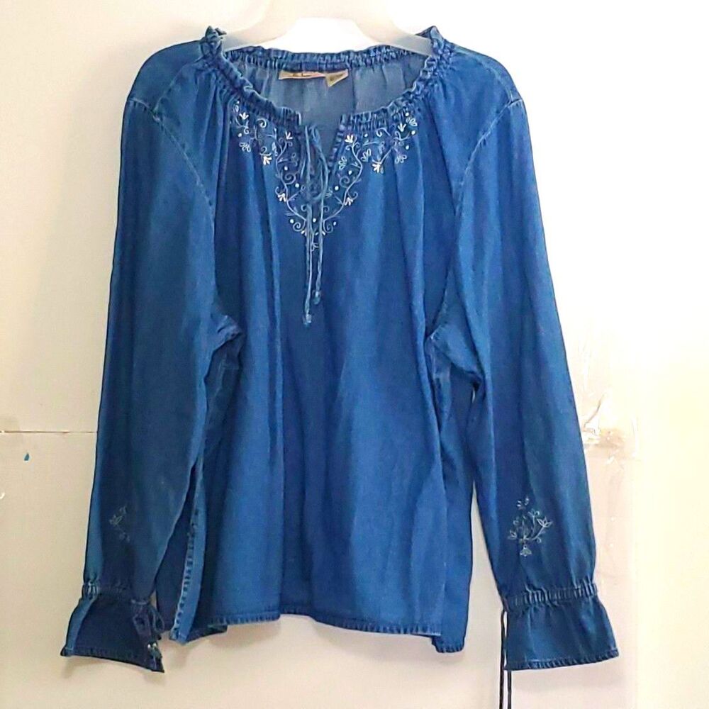 At Last & Co Women's Denim Blouse Embroidered Peasant Fairy Grunge Plus 22/24W
